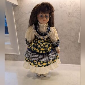 Vintage 1996 Porcelain Doll- glasses, blue eyes, floral dress